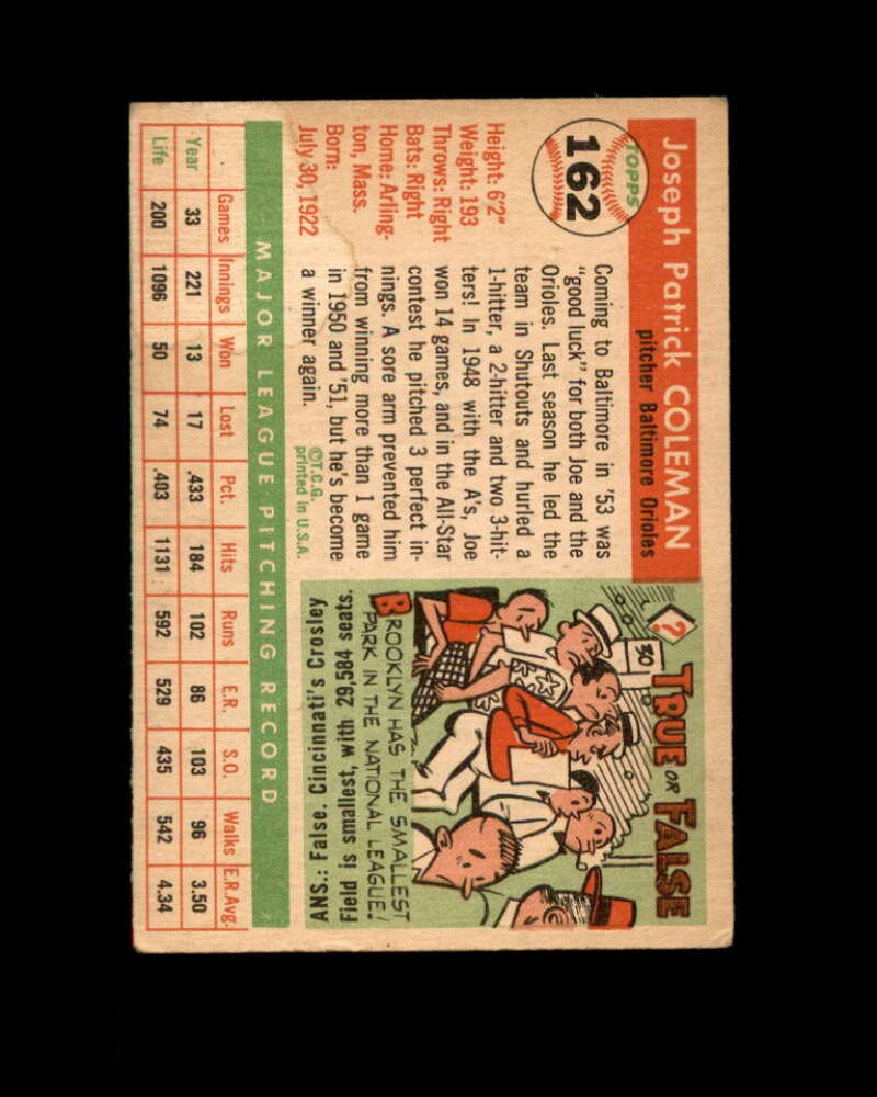 Joe Coleman Card 1955 Topps #162 Baltimore Orioles Image 2