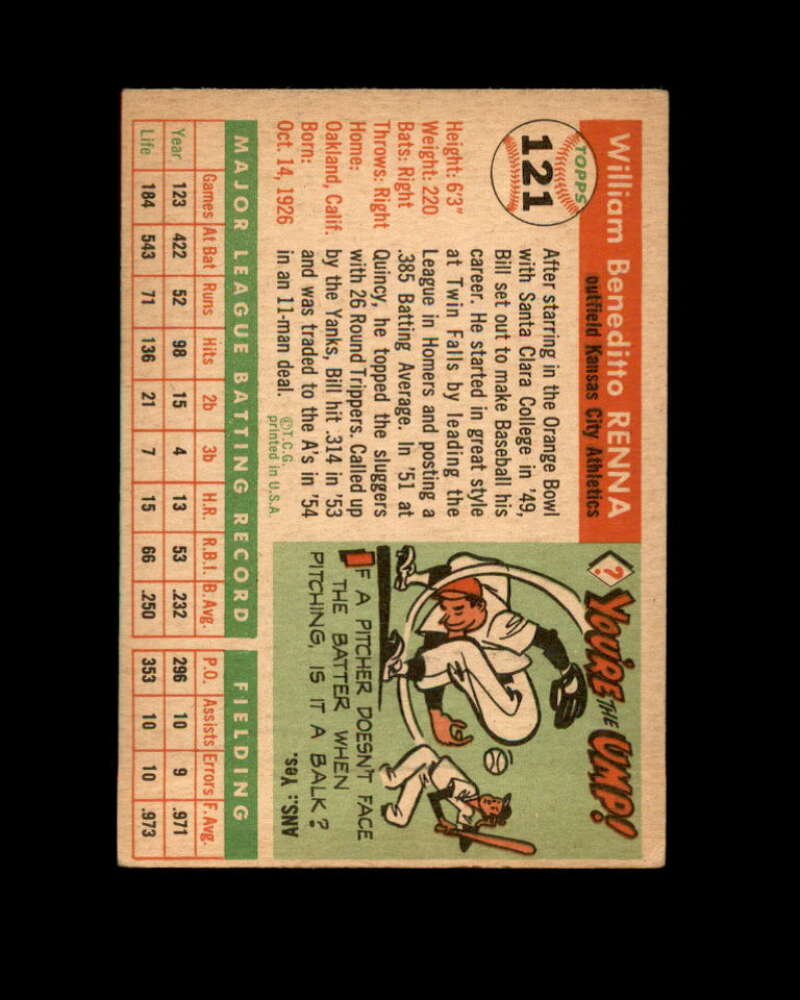 Bill Renna Card 1955 Topps #121 Kansas City Athletics Image 2