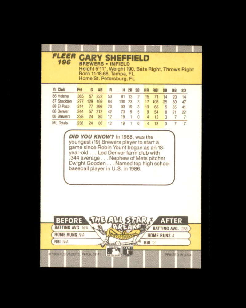 Gary Sheffield Rookie Card 1989 Fleer #196 Milwaukee Brewers Image 2