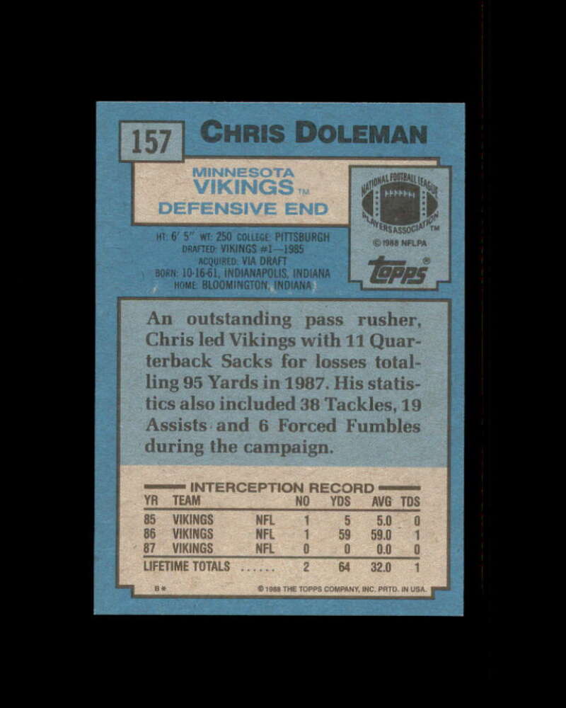Chris Doleman Rookie Card 1988 Topps #157 Minnesota Vikings Image 2