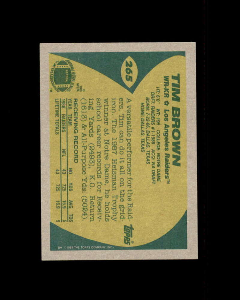 Tim Brown Rookie Card 1989 Topps #265 Los Angeles Raiders Image 2