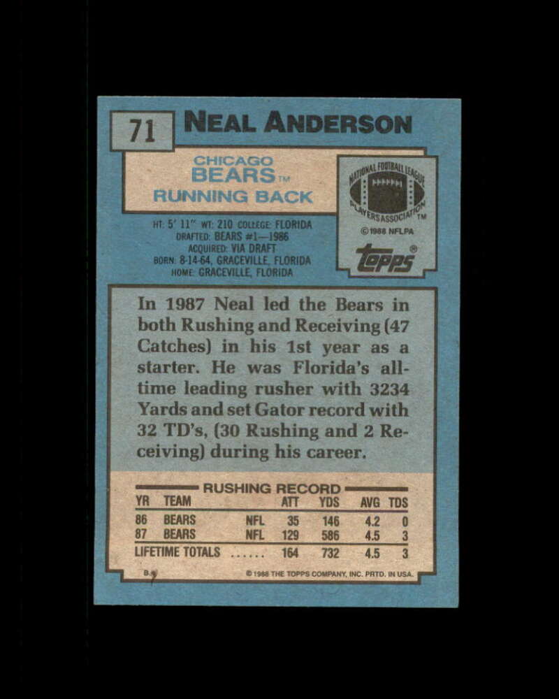 Neal Anderson Rookie Card 1988 Topps #71 Chicago Bears Image 2