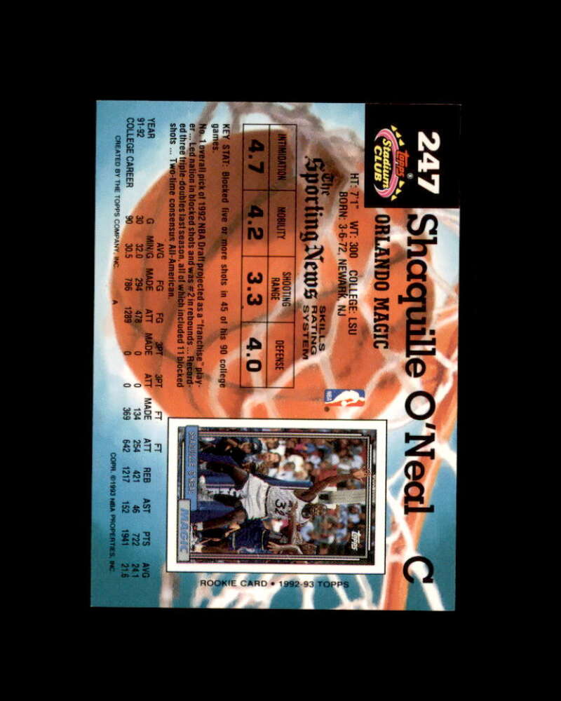 Shaquille O'Neal Rookie Card 1992-93 Stadium Club #247 Orlando Magic Image 2