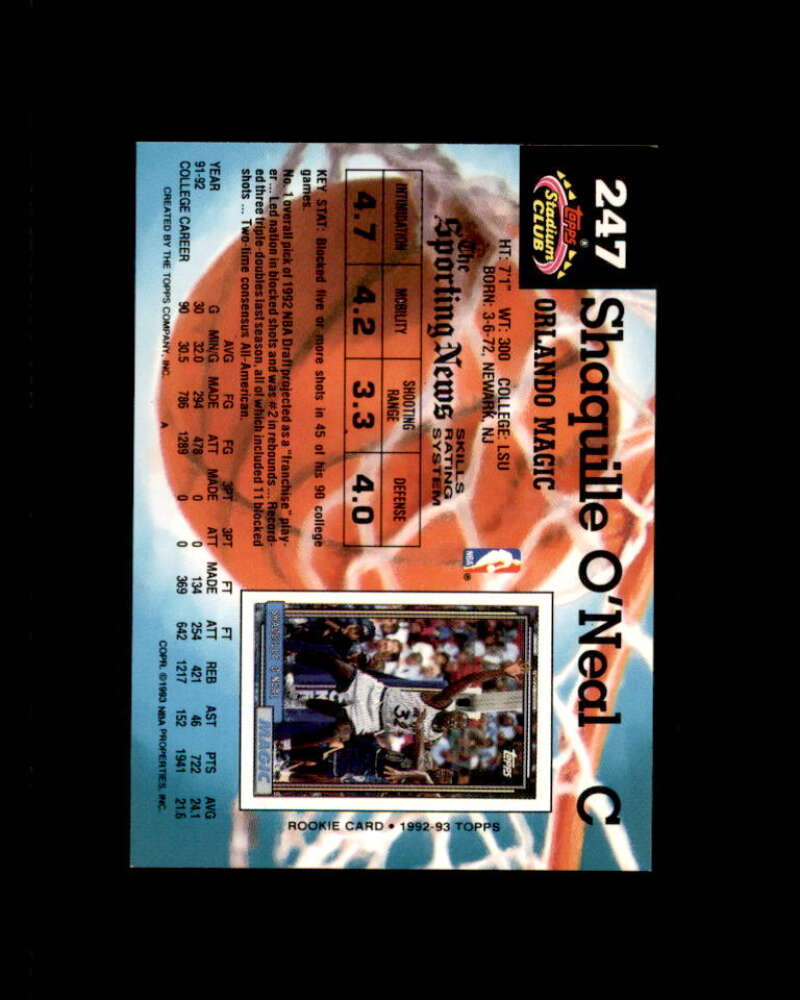 Shaquille O'Neal Rookie Card 1992-93 Stadium Club #247 Orlando Magic Image 2