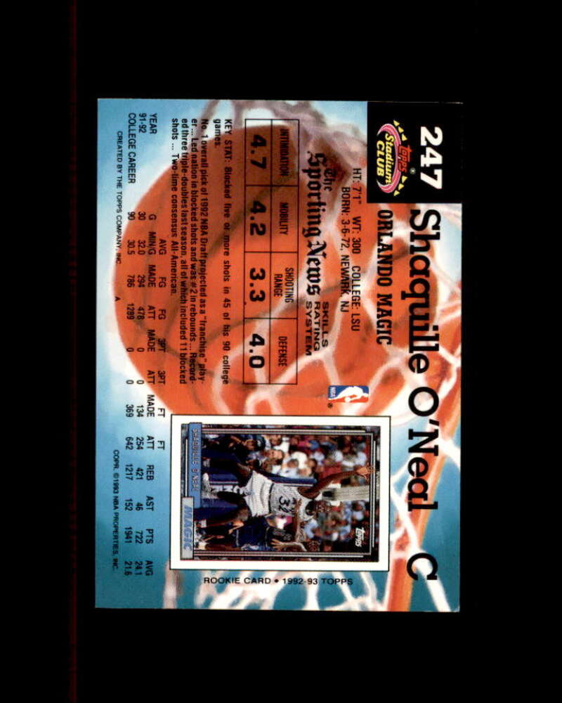 Shaquille O'Neal Rookie Card 1992-93 Stadium Club #247 Orlando Magic Image 2