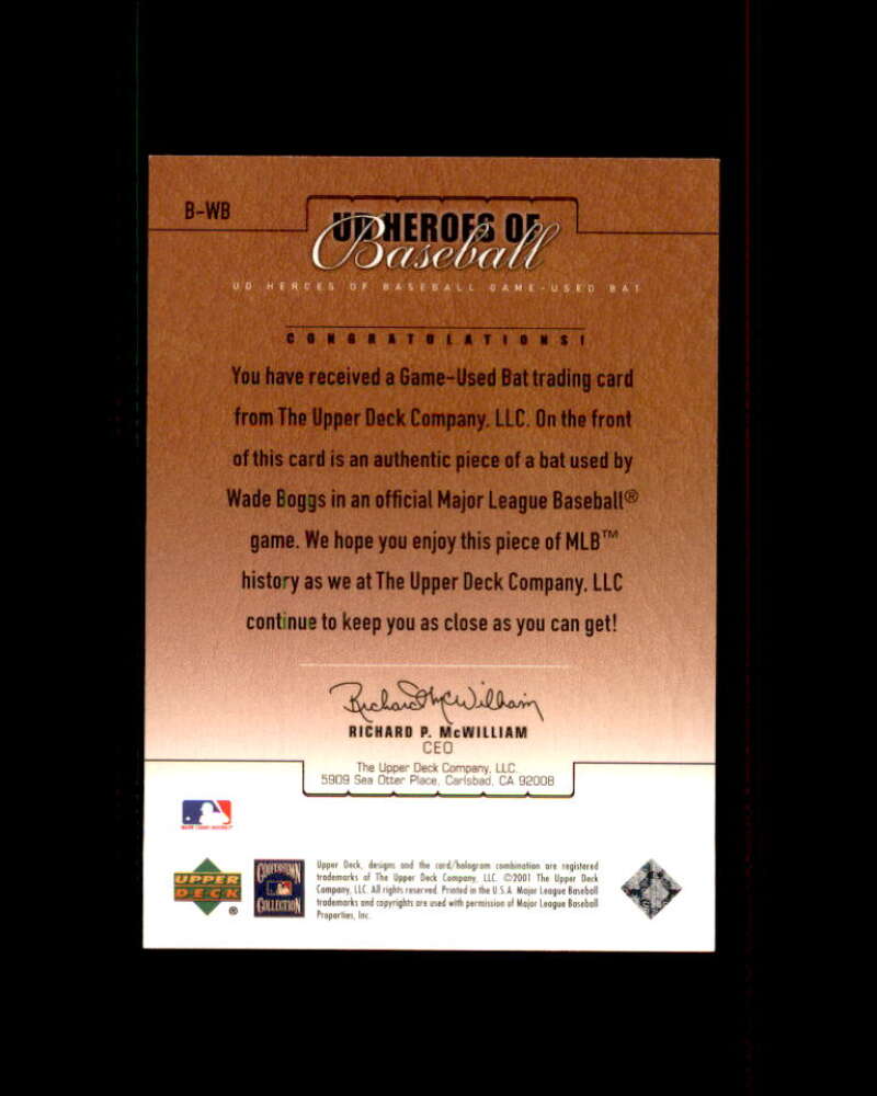 Wade Boggs Card 2001 UD Prospect Premieres Heroes Game Bat #BWB Boston Red Sox Image 2