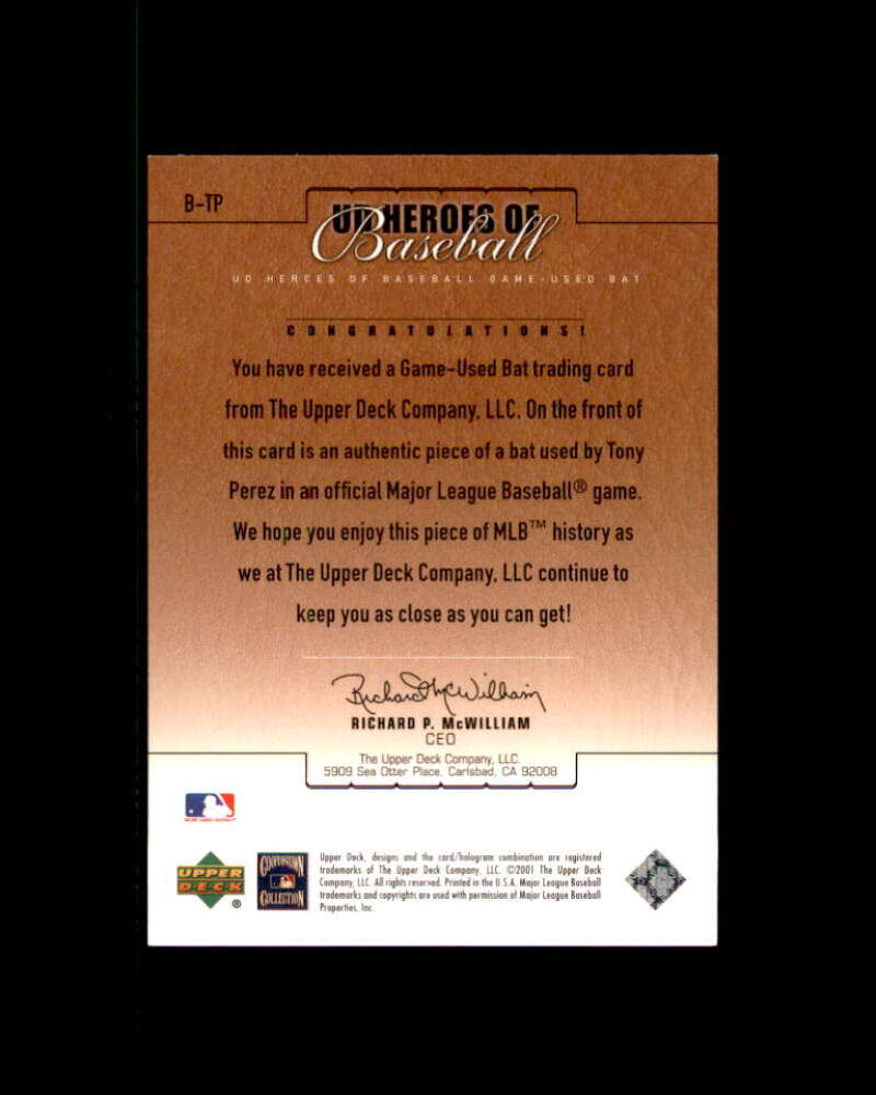 Tony Perez Card 2001 UD Prospect Premieres Heroes Game Bat #BTP Cincinnati Reds Image 2