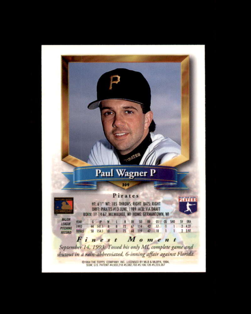 Paul Wagner Card 1994 Finest Refractors #309 Pittsburgh Pirates Image 2