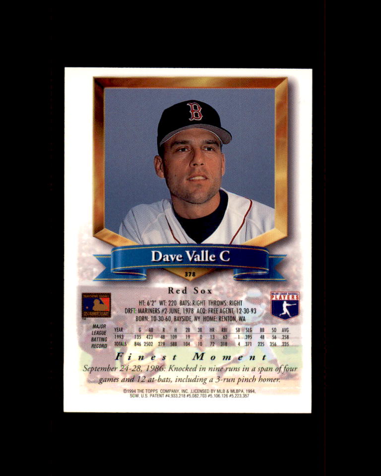 Dave Valle Card 1994 Finest Refractors #378 Boston Red Sox Image 2