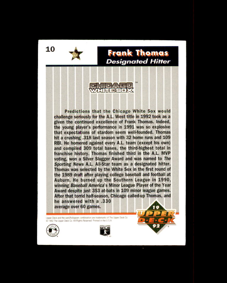 Frank Thomas Card 1992 Upper Deck FanFest Gold #10 Chicago White Sox Image 2