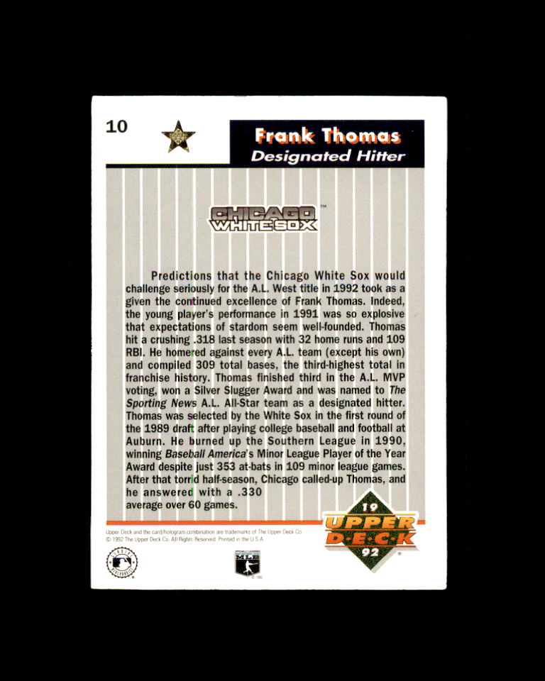 Frank Thomas Card 1993 Upper Deck FanFest Gold #10 Chicago White Sox Image 2