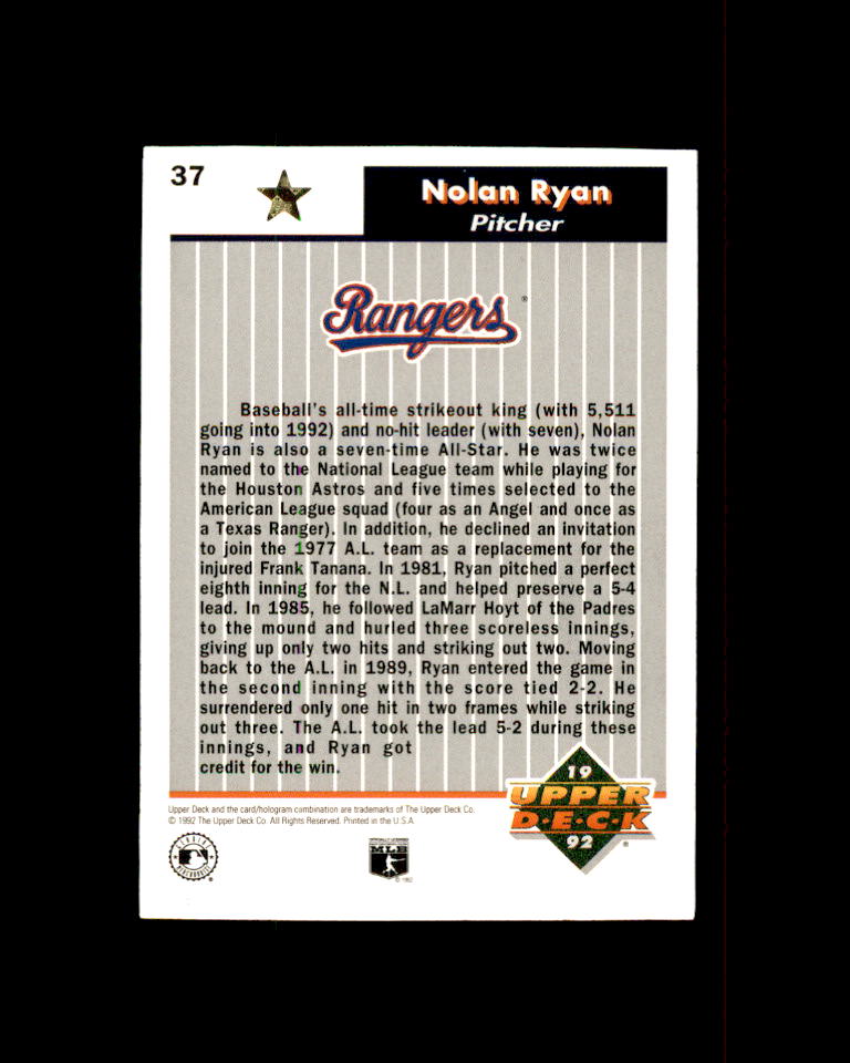 Nolan Ryan Card 1992 Upper Deck FanFest Gold #37 Texas Rangers Image 2