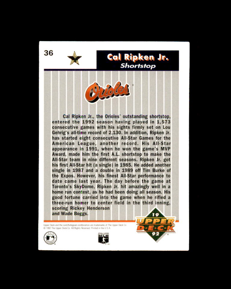 Cal Ripken Card 1992 Upper Deck FanFest Gold #36 Baltimore Orioles Image 2