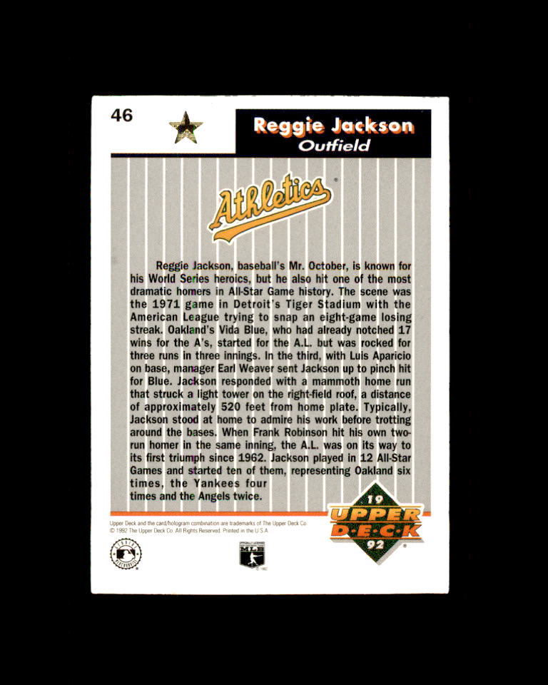 Reggie Jackson Card 1992 Upper Deck FanFest Gold #46 Oakland Athletics Image 2