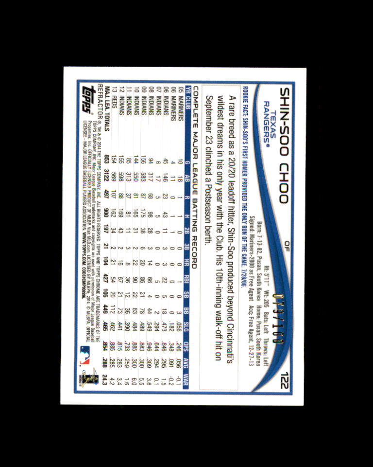 Shin-Soo Choo Card 2014 Topps Chrome Black Refractors #122 Texas Rangers /100 Image 2