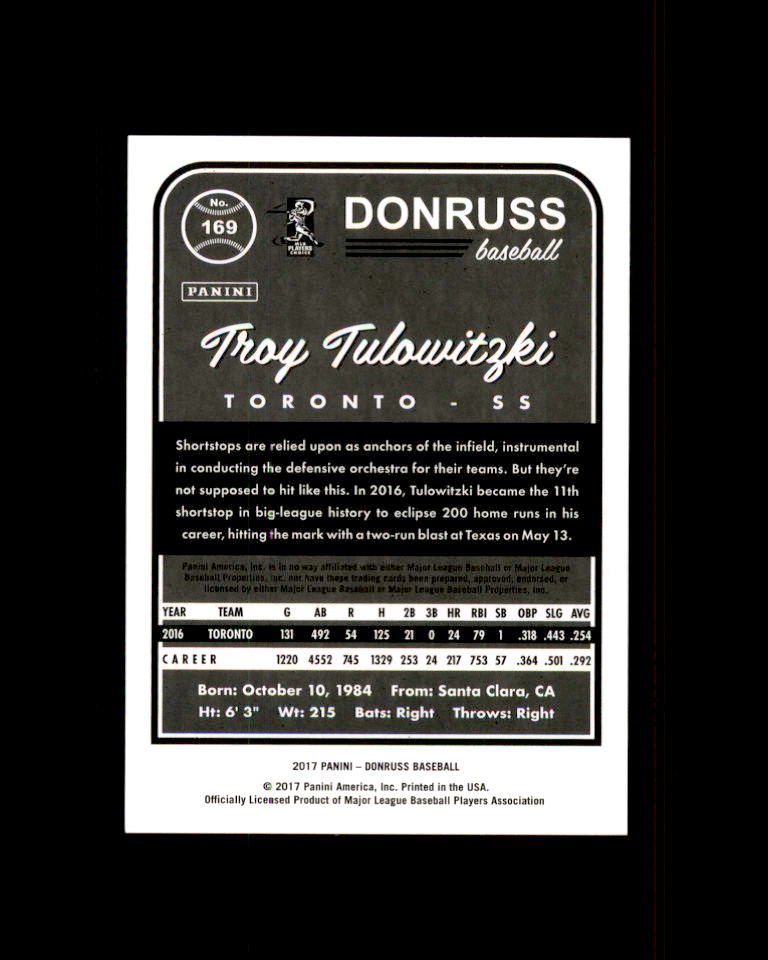 Troy Tulowitzki Card 2017 Donruss Press Proof #169 Toronto Blue Jays Image 2