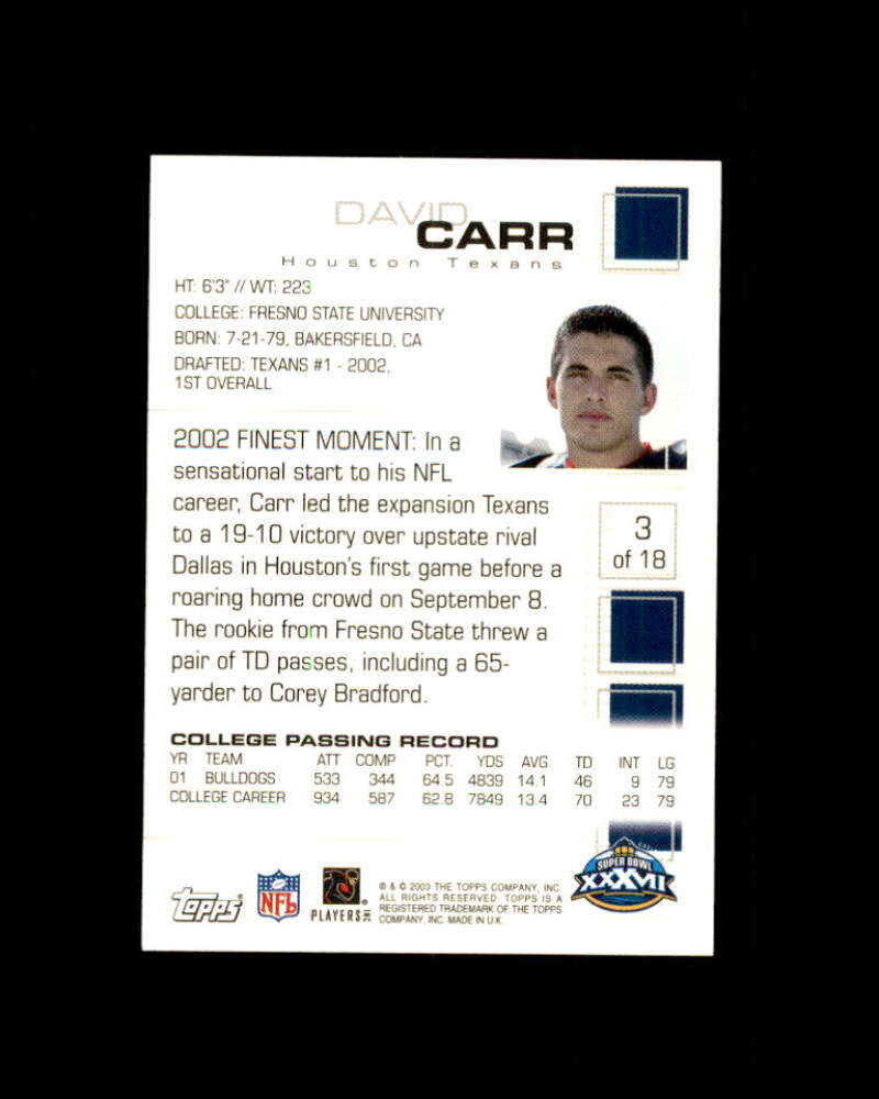 David Carr Card 2003 Topps Pro Bowl Card Show #3 Houston Texans Image 2