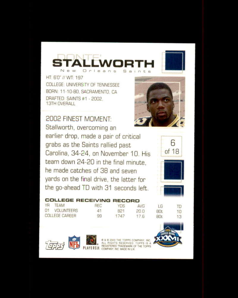 Donte Stallworth Card 2003 Topps Pro Bowl Card Show #6 New Orleans Saints Image 2