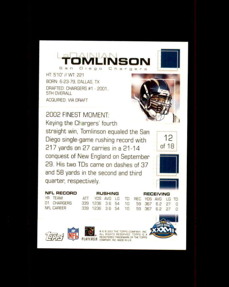 LaDamian Tomlinson Card 2003 Topps Pro Bowl Card Show #12 San Diego Chargers Image 2