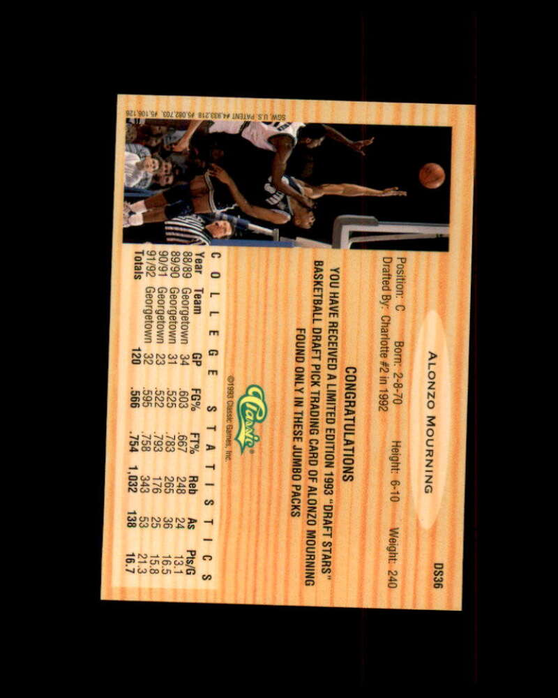 Alonzo Mourning Card 1993 Classic Chromium Draft Stars #DS36 Image 2