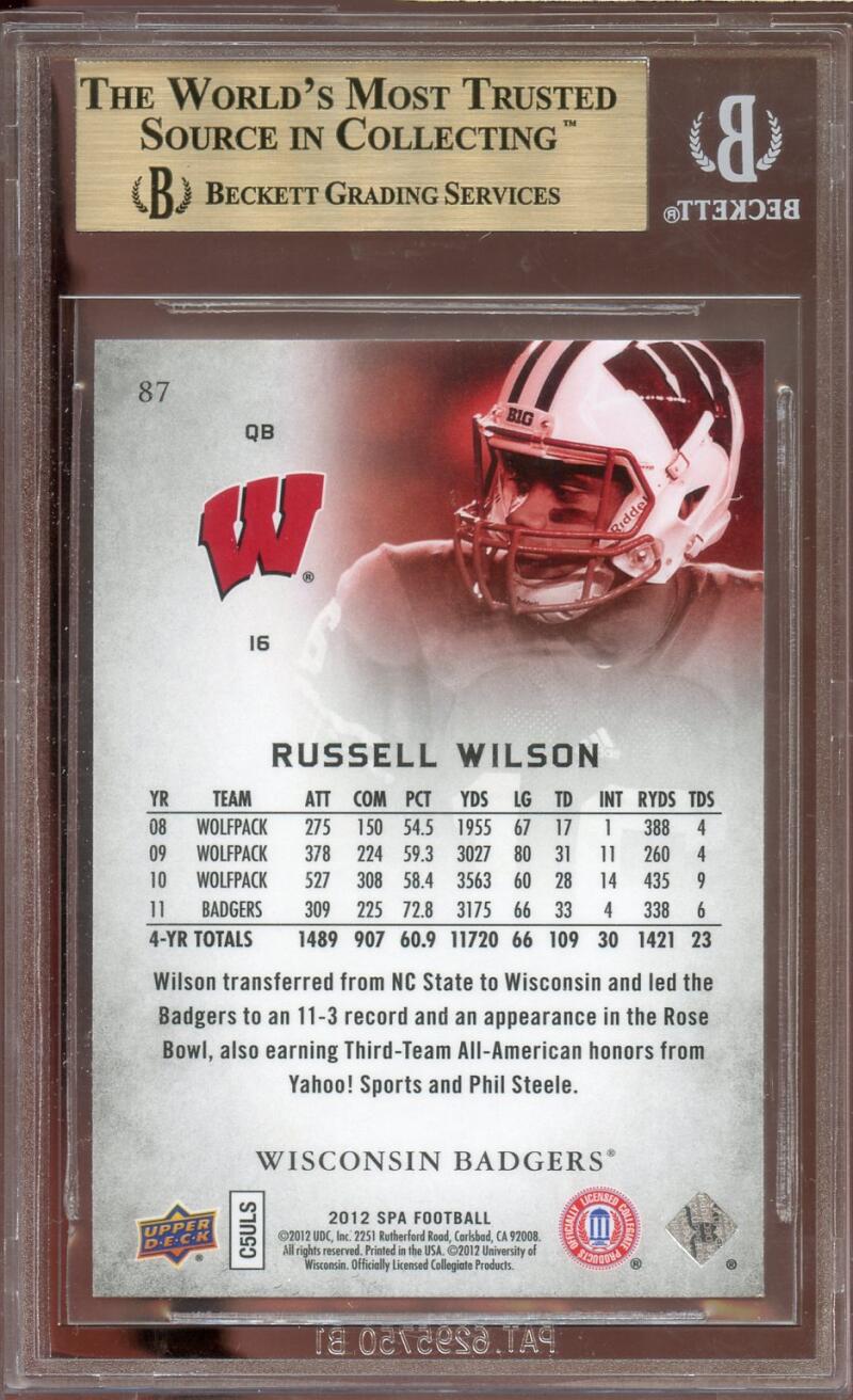 Russell Wilson Rookie Card 2012 SP Authentic #87 BGS 10 (10 9.5 10 10) Image 2