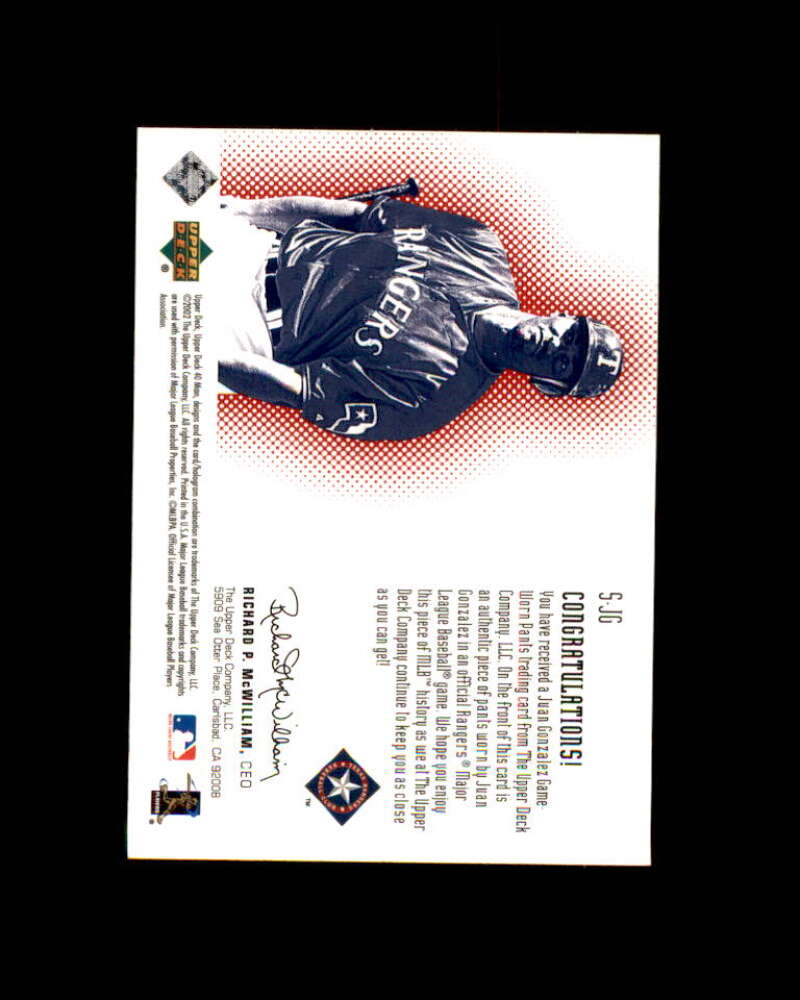 Juan Gonzalez Card 2002 Upper Deck 40 Man Super Swatch Game Jersey #S-JG Image 2