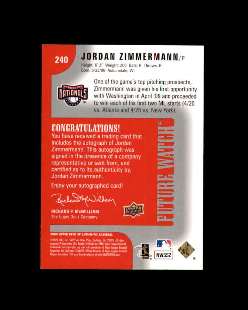 Jordan Zimmermann AU Rookie Card 2009 SP Authentic #240 /417 Image 2