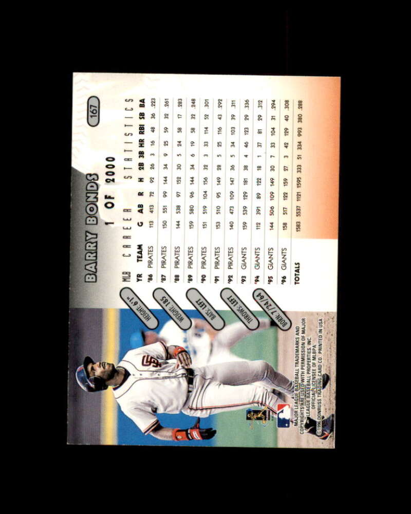 Barry Bonds Card 1997 Donruss Press Proof #167 Image 2