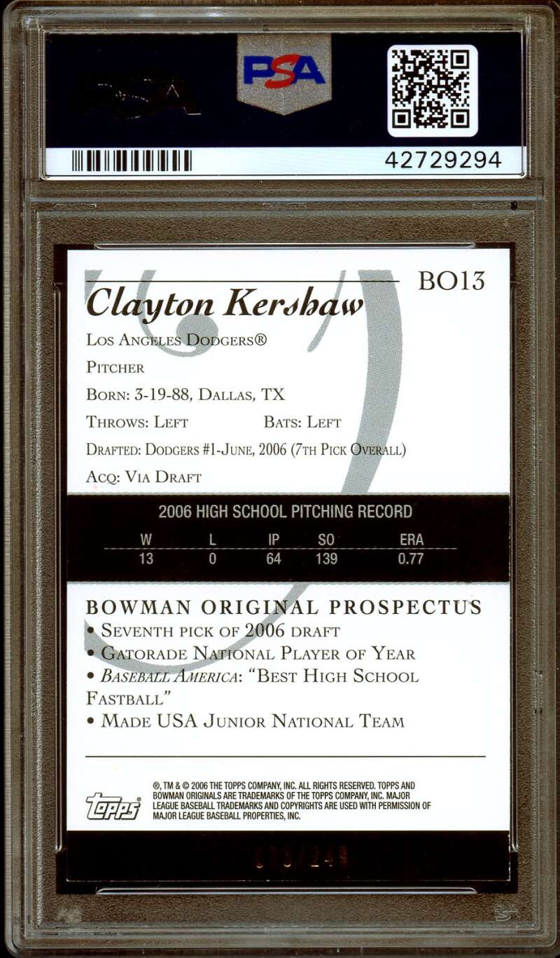 Clayton Kershaw Rookie Card 2006 Bowman Originals Prospects-blue #BO13 PSA 7.5 Image 2
