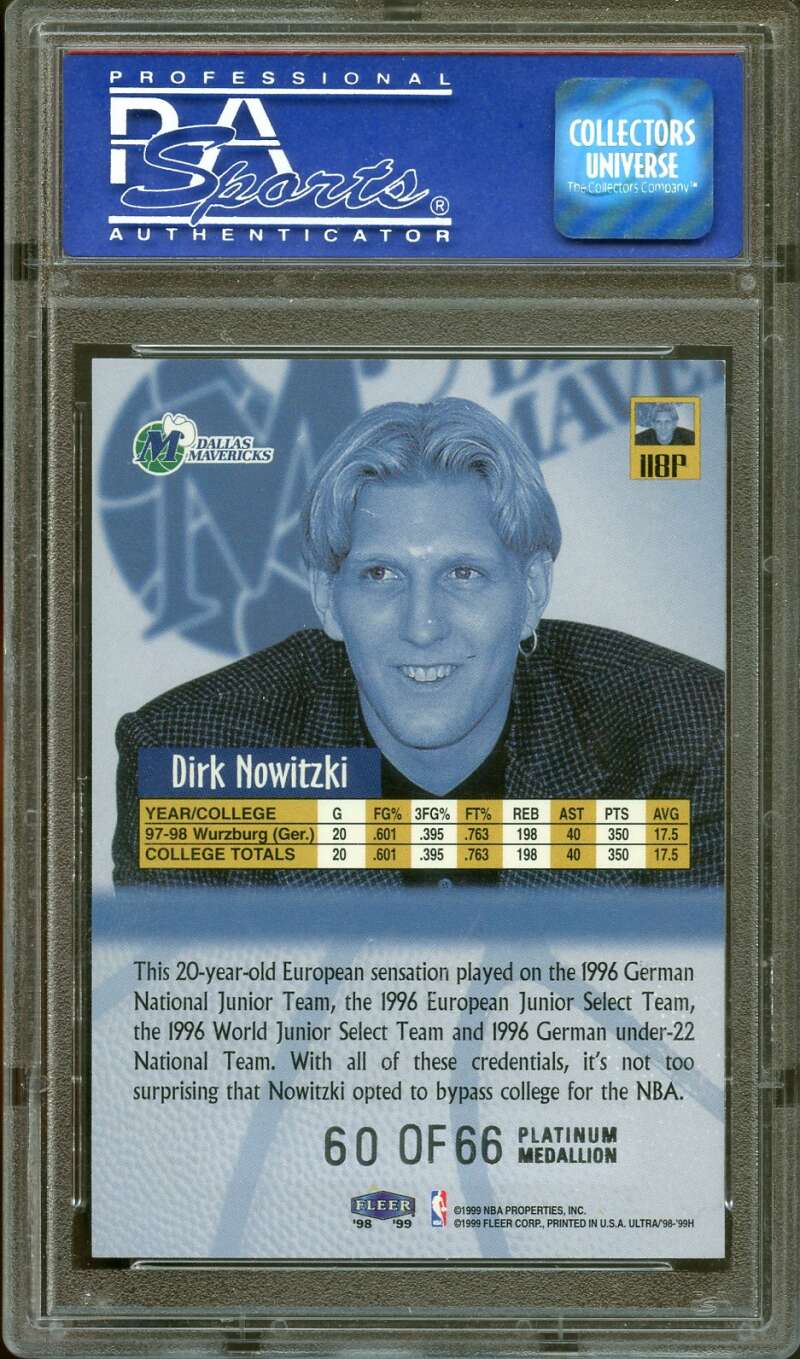 Dirk Nowitzki Rookie Card 1998-99 Ultra Platinum Medallion #118P PSA 9 Image 2