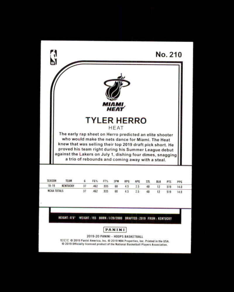 Tyler Herro Rookie Card 2019-20 Hoops Purple #210 Image 2