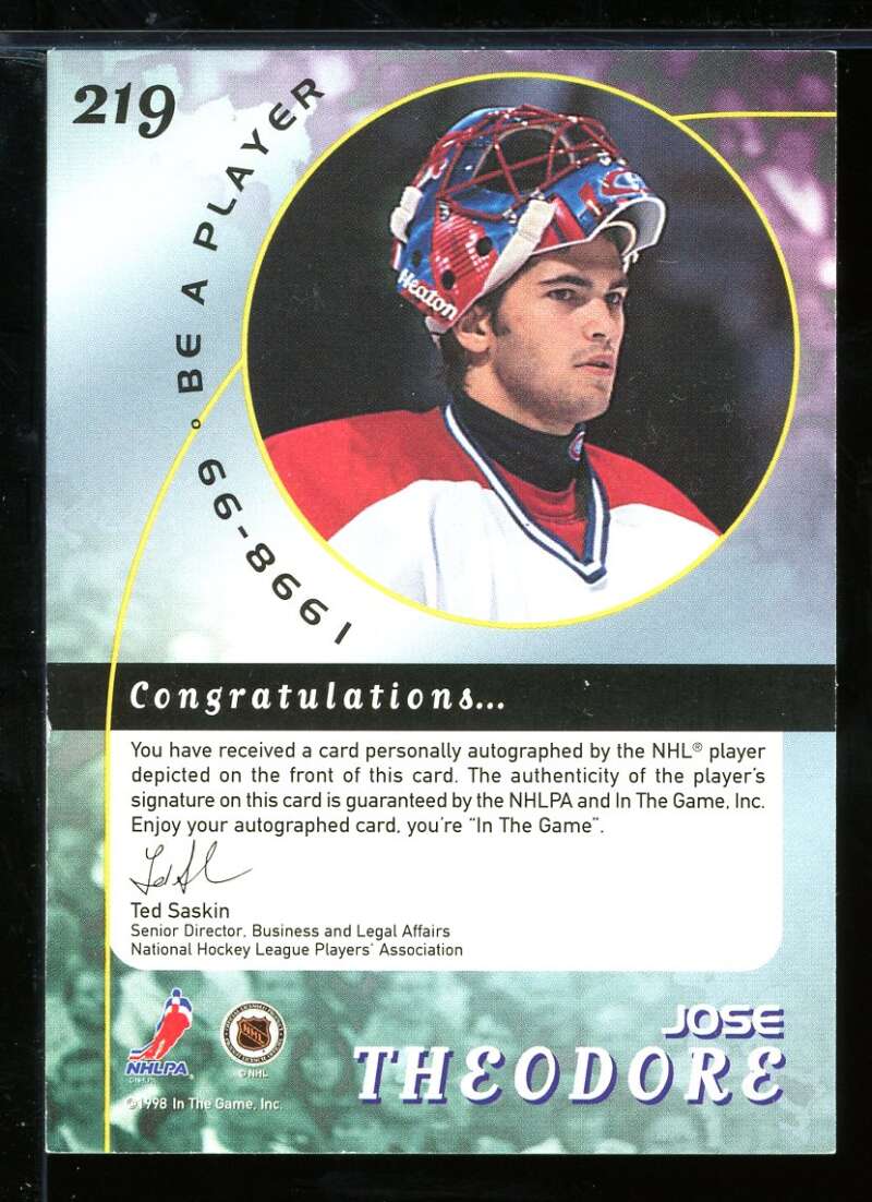 Jose Theodore Card 1998-99 Be A Player Autographs #219 Image 2