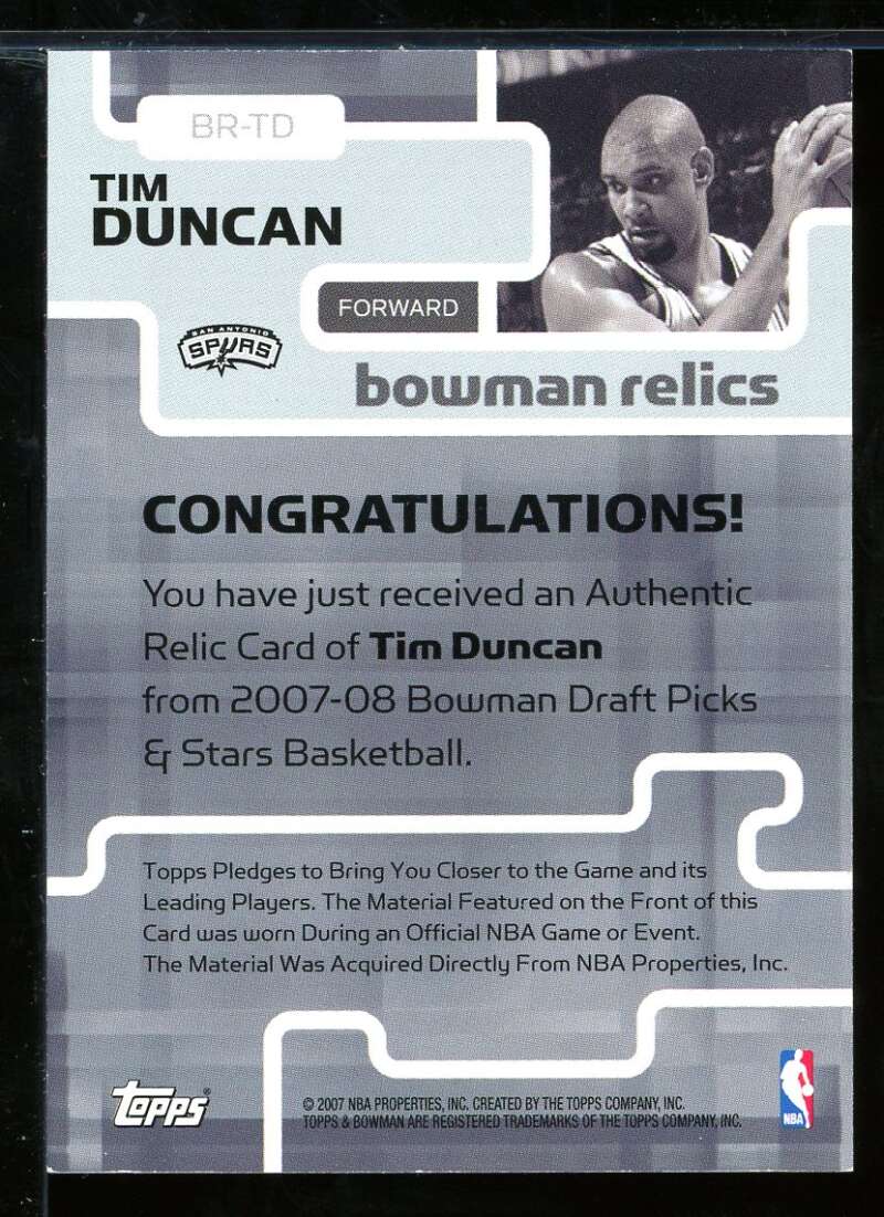 Tim Duncan Card 2007-08 Bowman Relics #TD Image 2