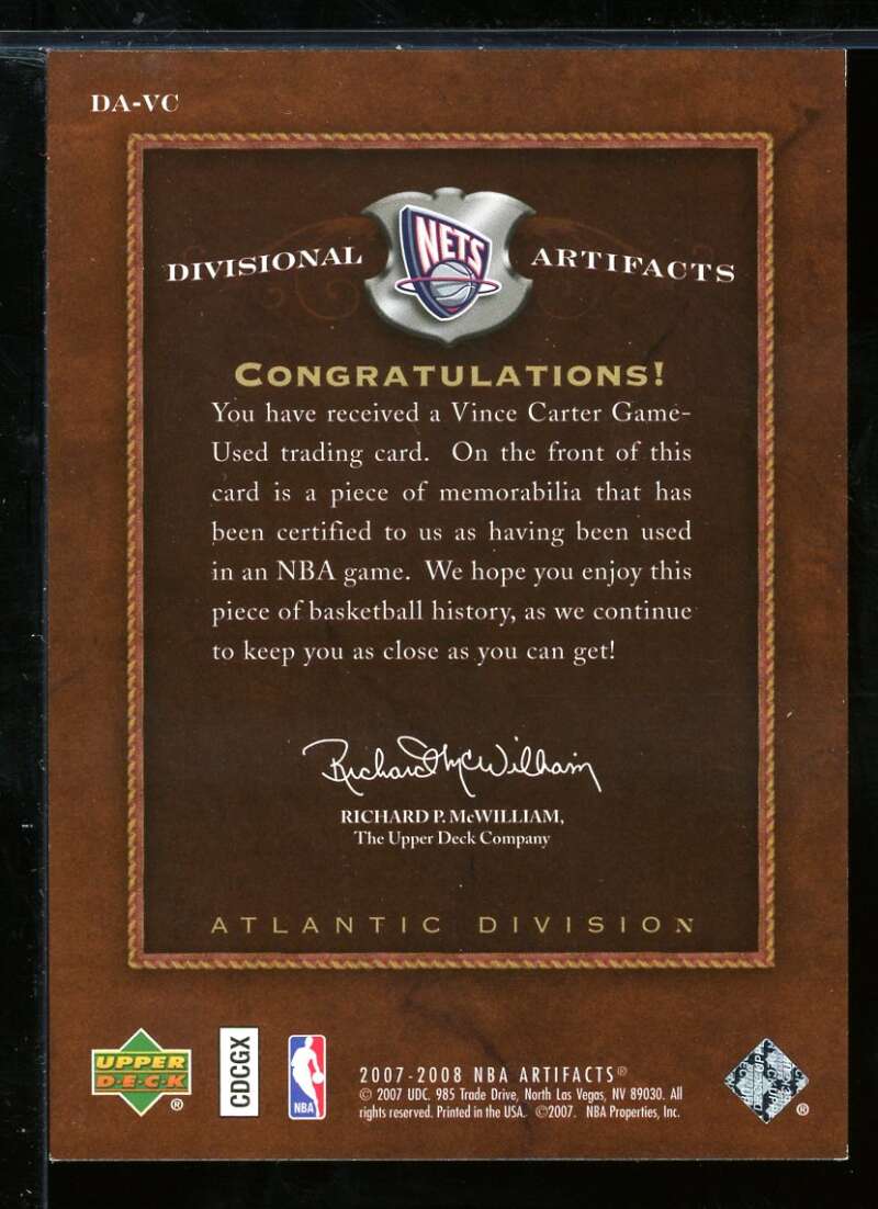 Vince Carter Card 2007-08 Artifacts Divisional Artifacts Red #DAVC Image 2