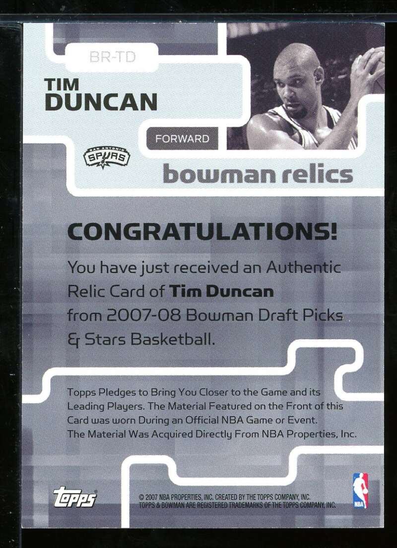 Tim Duncan Card 2007-08 Bowman Relics #TD Image 2