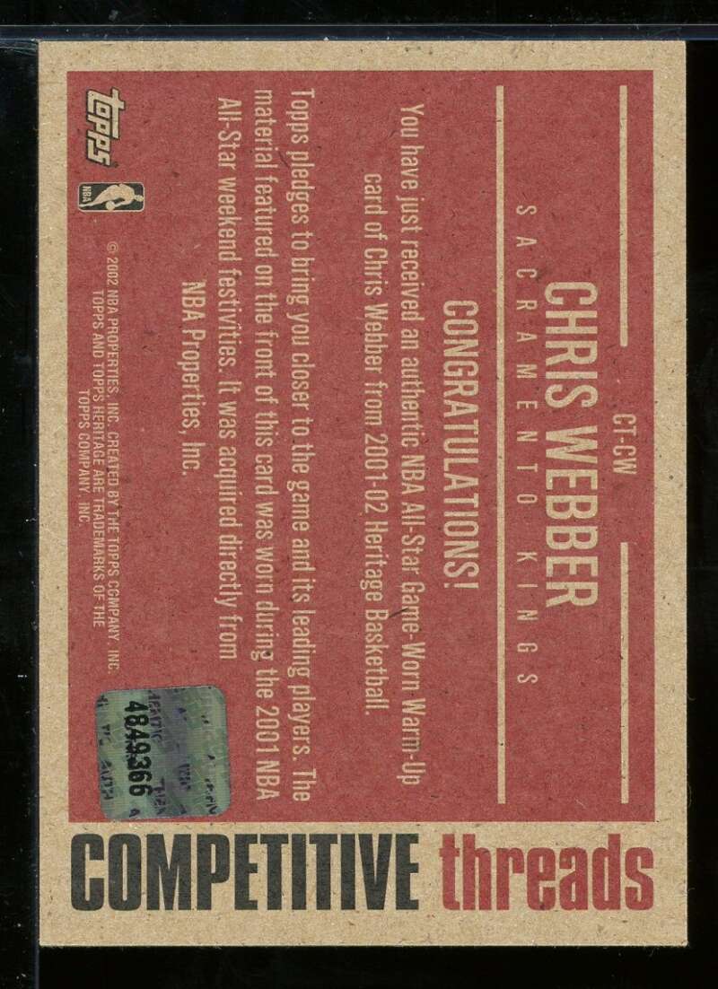 Chris Webber Card 2001-02 Topps Heritage Competitive Threads #5 Image 2