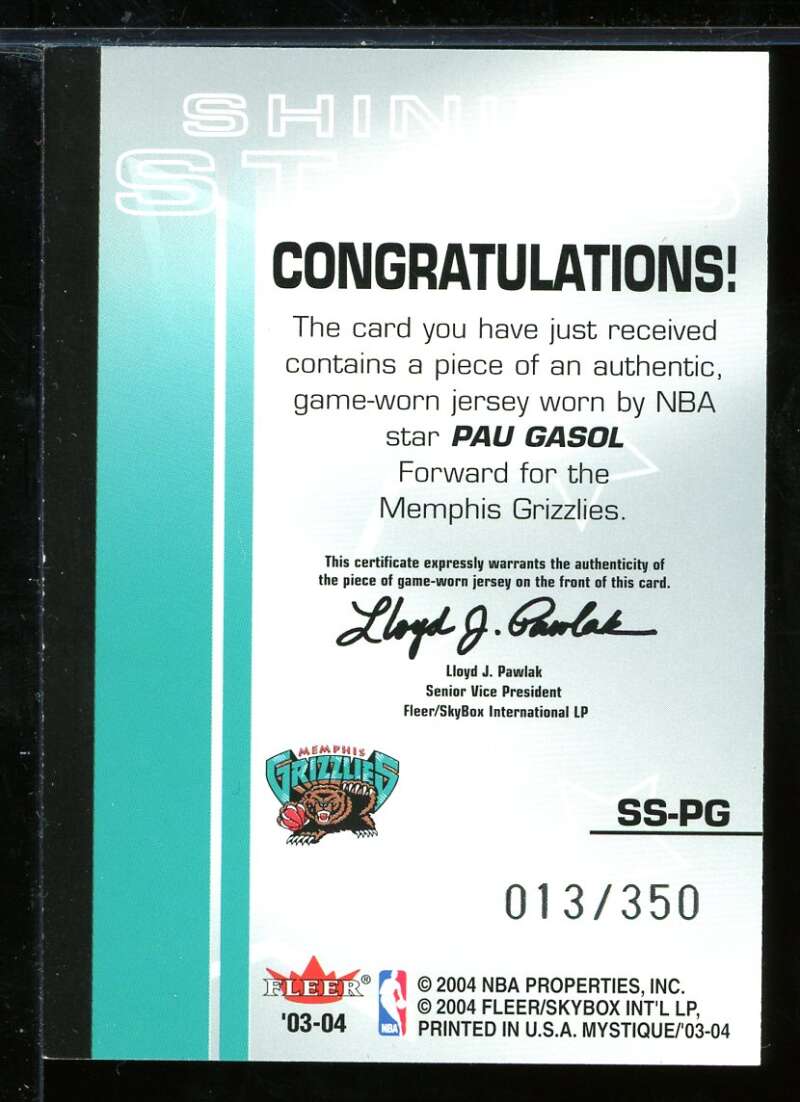 Pau Gasol Card 2003-04 Fleer Mystique Shining Stars Jerseys #SSPG Image 2
