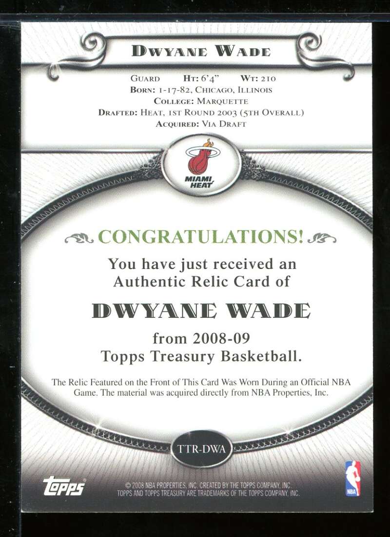 Dwyane Wade Card 2008-09 Topps Treasury Relics #DW Image 2