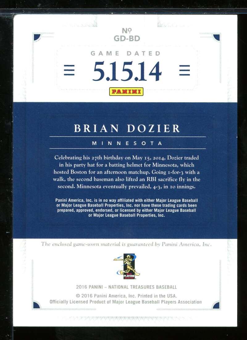 Brian Dozier 2016 Panini National Treasures Game Dated Materials Prime #GDBD /15 Image 2