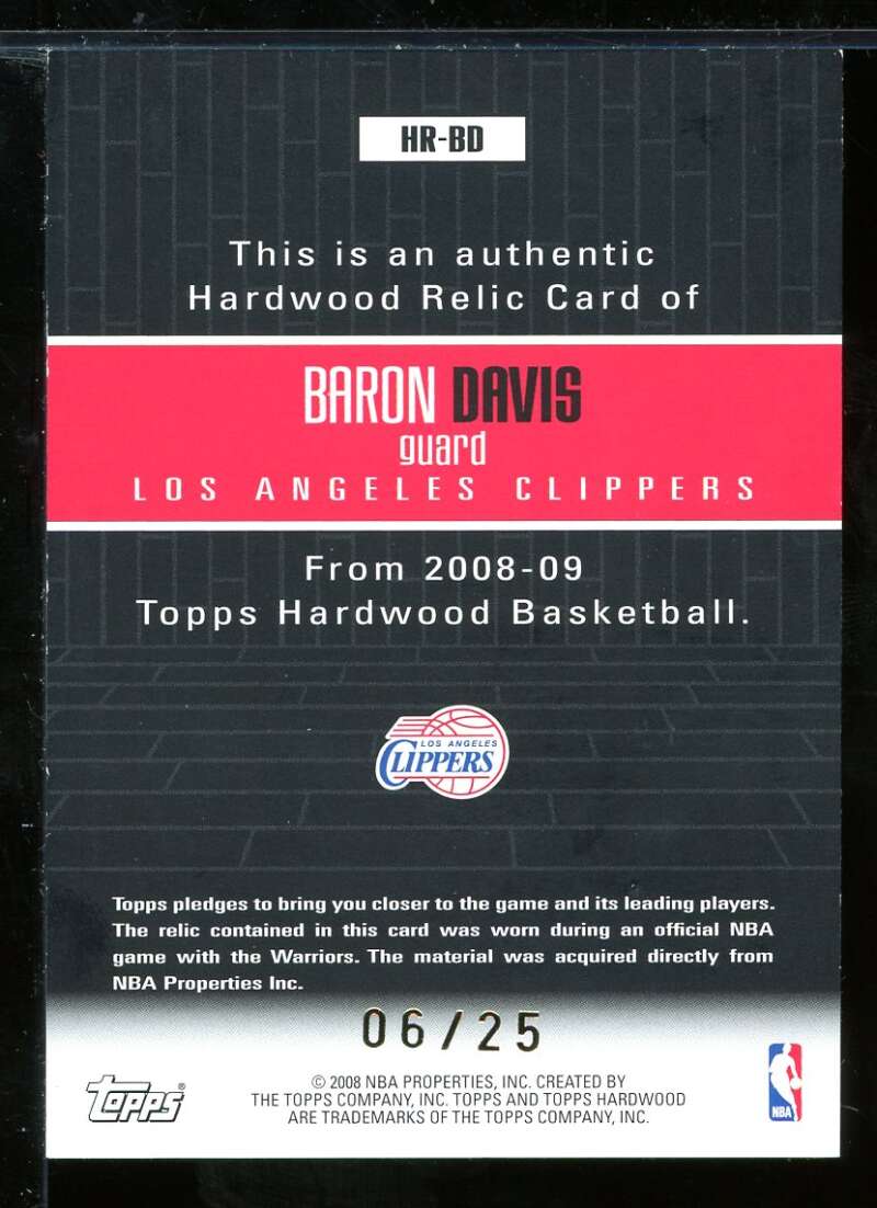 Baron Davis Card 2008-09 Topps Hardwood Relics Redwood #HRBD Image 2