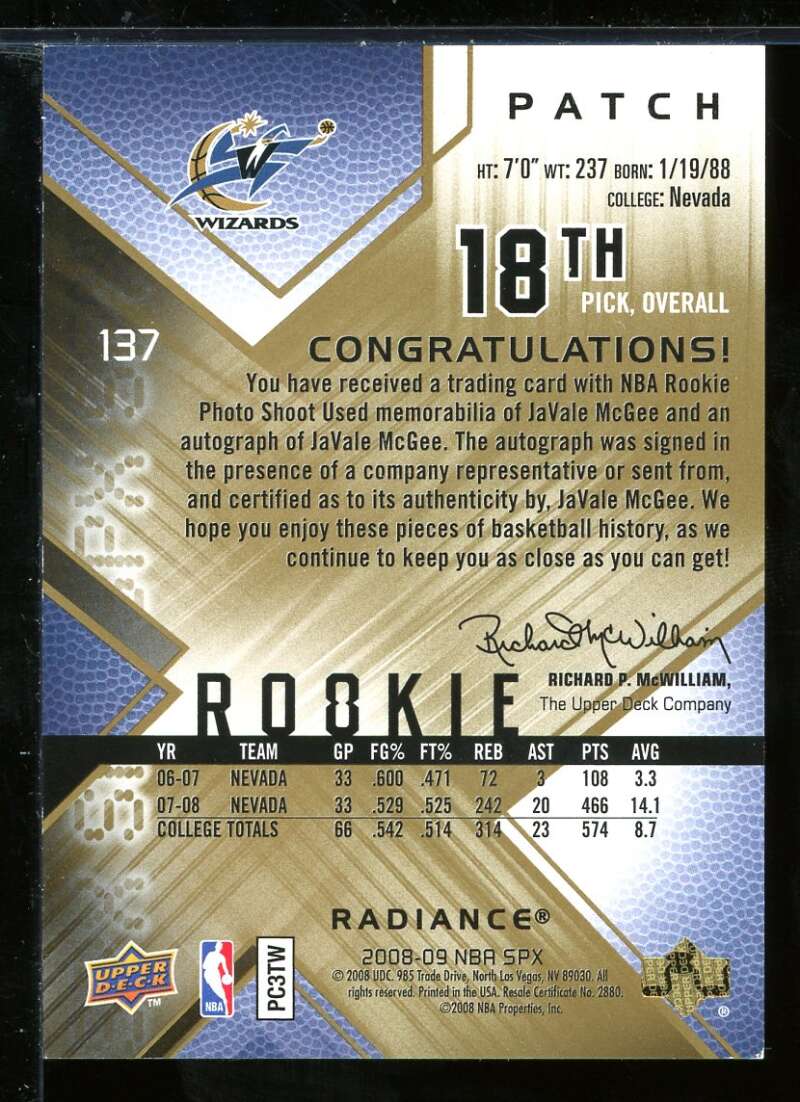 Javale McGee JSY AU Card 2008-09 SPx Radiance #137 Image 2