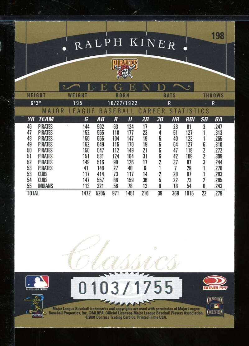 Ralph Kiner LGD Card 2001 Donruss Classics #198 Image 2