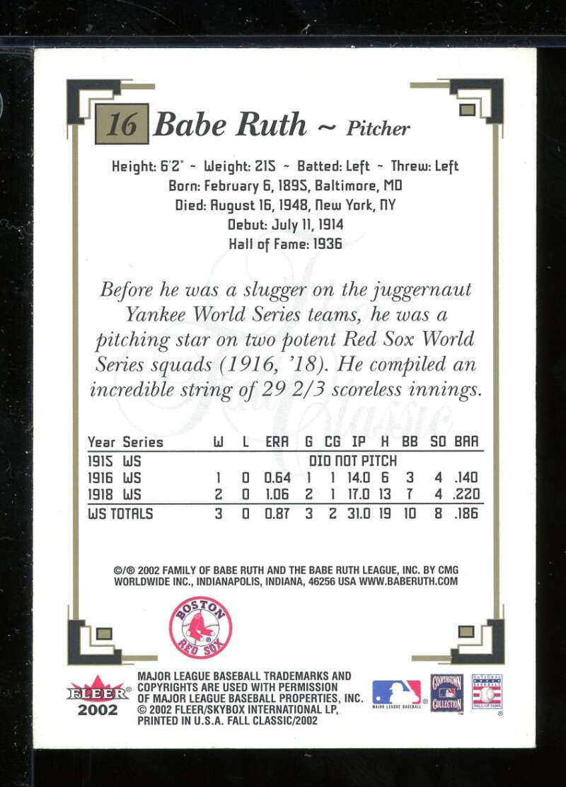 Babe Ruth Red Sox SP Card 2002 Fleer Fall Classics #16B Image 2