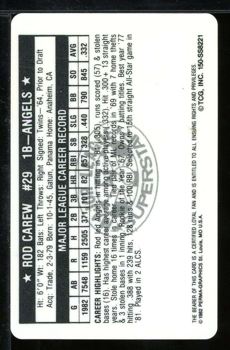 Rod Carew Card 1982 Perma-Graphic Credit Cards #21 Image 2