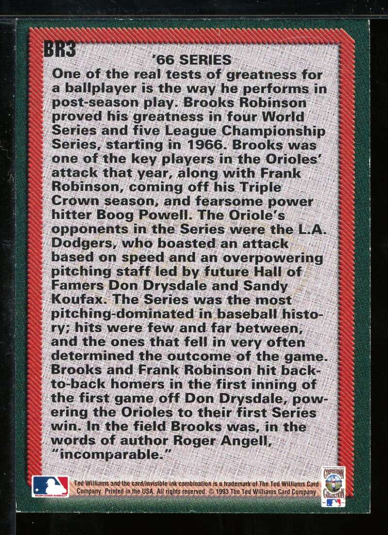 Brooks Robinson Autograph Card /'66 Series Card 1993 Ted Williams Image 2