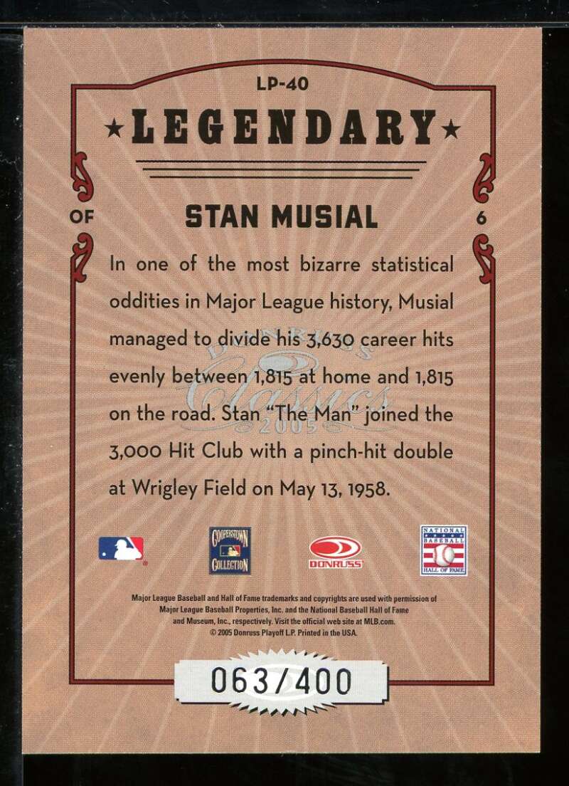 Stan Musial Card 2005 Donruss Classics Legendary Lumberjacks #40 Image 2