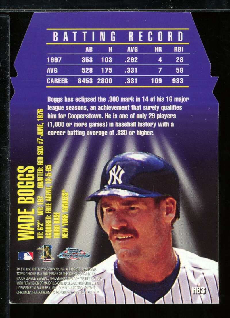 Wade Boggs Card 1998 Topps Chrome HallBound #HB3 Image 2