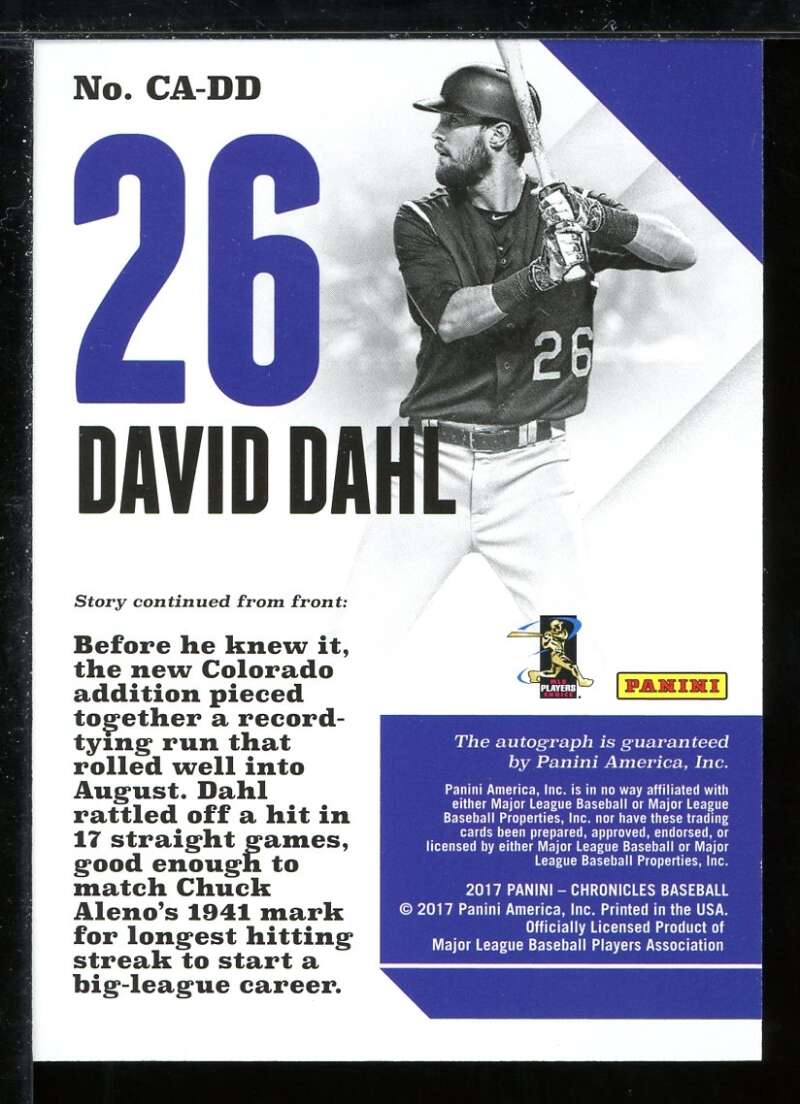 David Dahl Rookie Card 2017 Panini Chronicles Autographs #22 Image 2