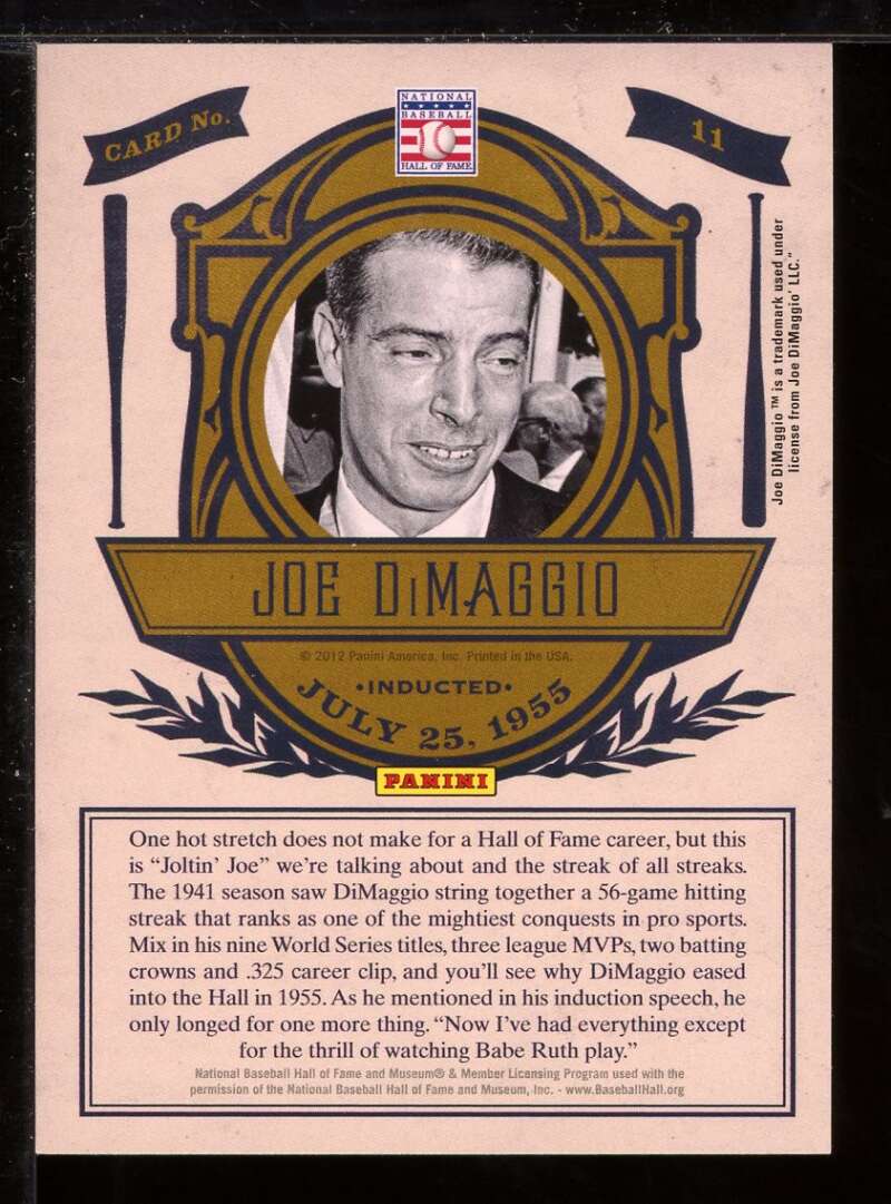 Joe DiMaggio Card 2012 Panini Cooperstown Induction #11 Image 2