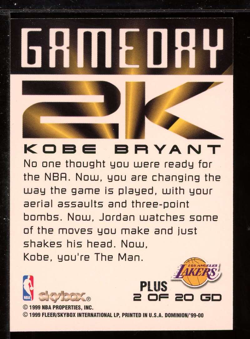 Kobe Bryant Card 1999-00 SkyBox Dominion Game Day 2K Plus #2 Image 2